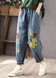 New Blue Pockets Elastic Waist Patchwork Jeans Spring