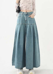 New Blue Pockets High Waist Denim Wide Leg Pants Spring