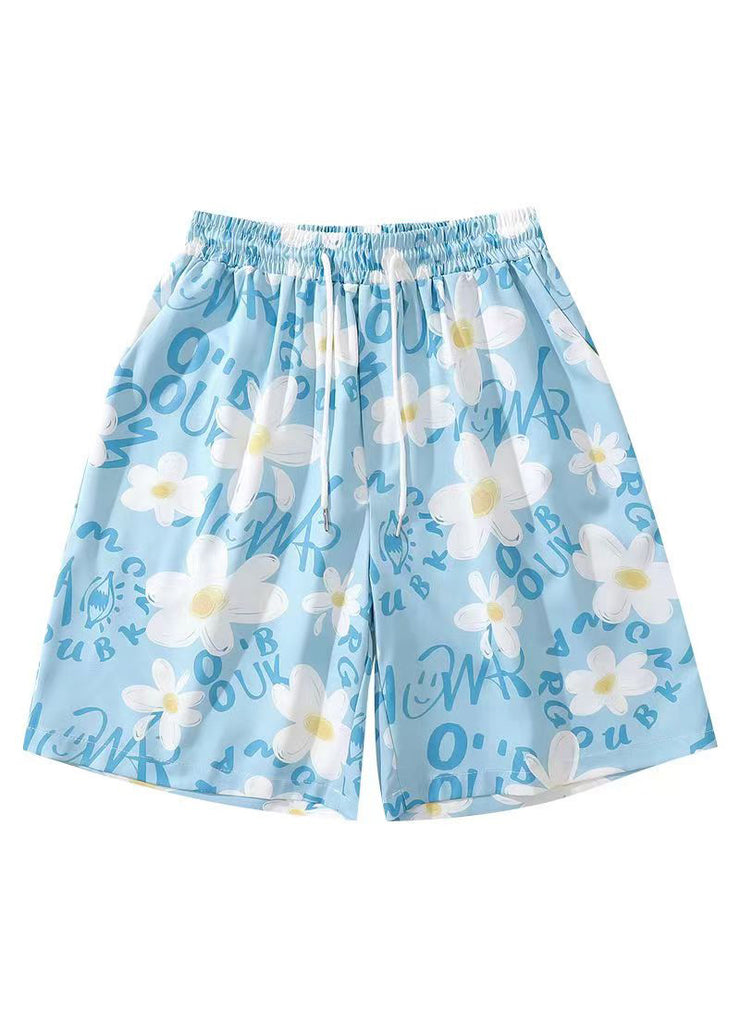 New Blue Print Elastic Waist Cotton Summer Men Beach Shorts