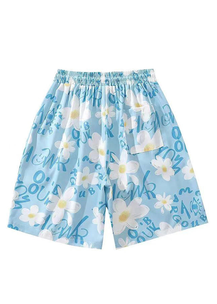 New Blue Print Elastic Waist Cotton Summer Men Beach Shorts