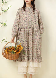 New Blue Print Lace Patchwork Cotton Long Dresses Spring