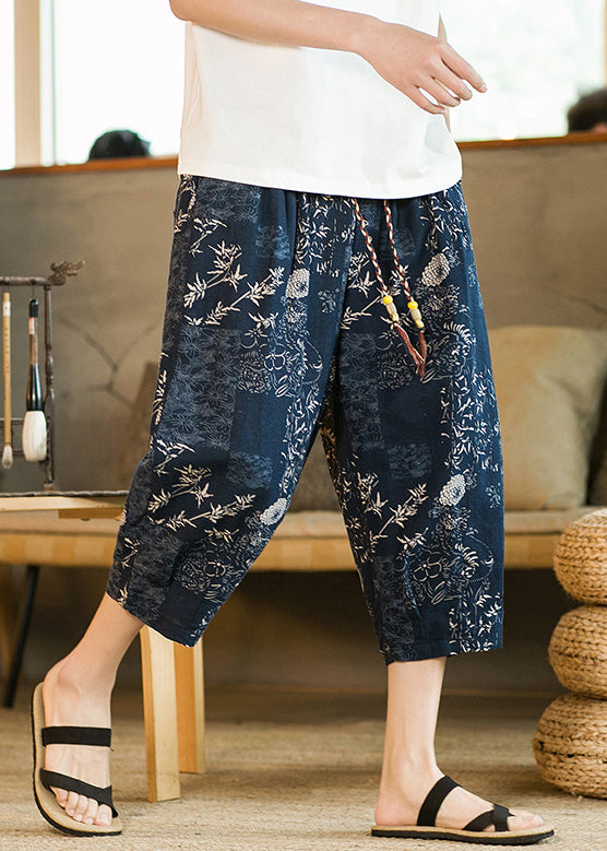 New Blue Print Pockets High Waist Cotton Men Crop Pants Summer