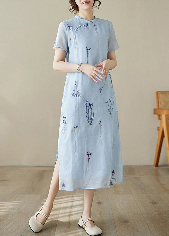 New Blue Print Pockets Linen Long Dress Summer