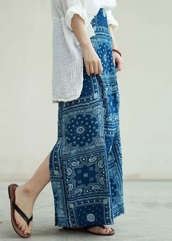 New Blue Print Side Open High Waist Cotton Skirts Fall