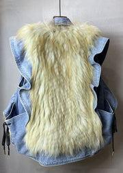 New Blue Ruffled Fuzzy Fur Fluffy Patchwork Denim Waistcoat Sleeveless