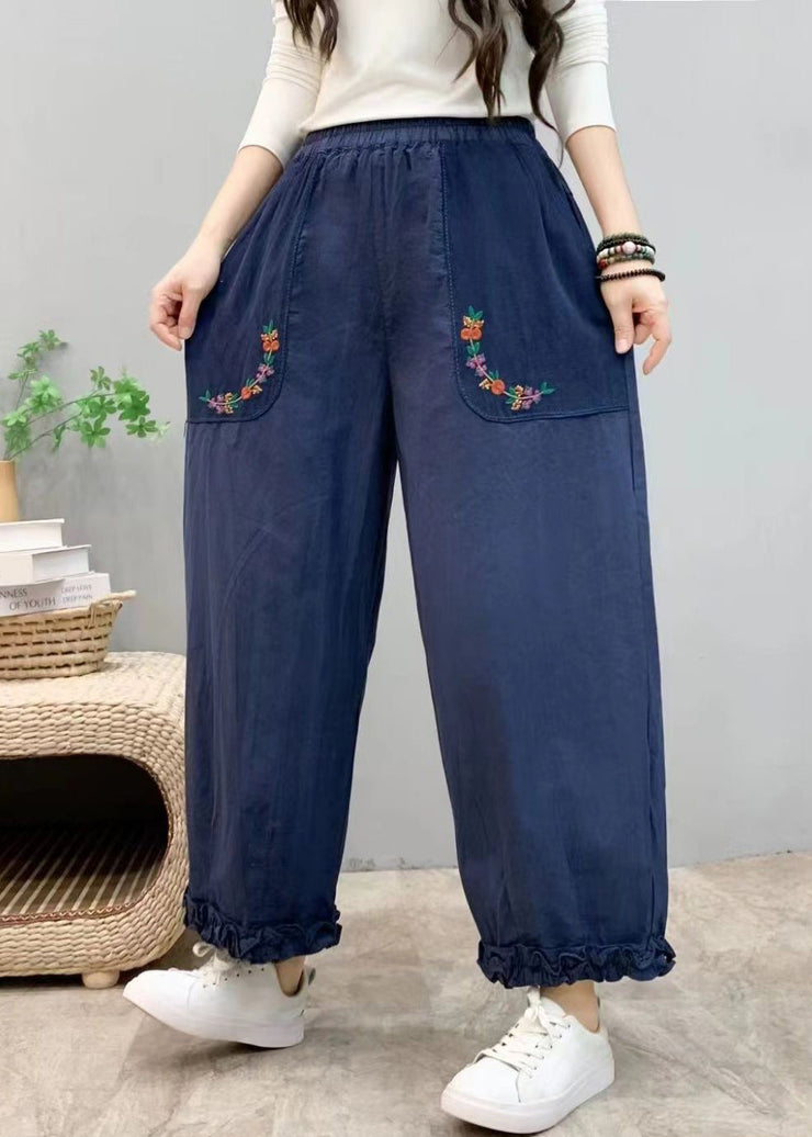 New Blue Ruffled Pockets Elastic Waist Cotton Crop Pants Summer