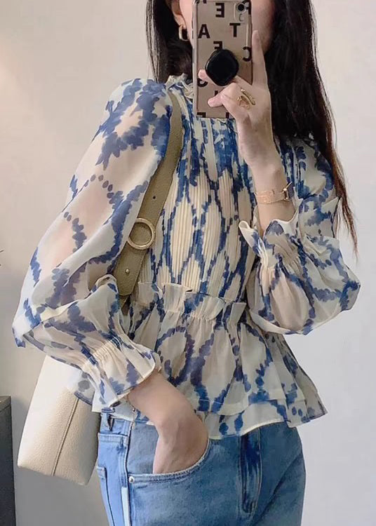 New Blue Ruffled Print Chiffon Blouses Long Sleeve