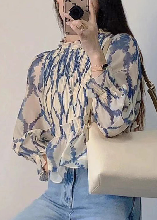 New Blue Ruffled Print Chiffon Blouses Long Sleeve