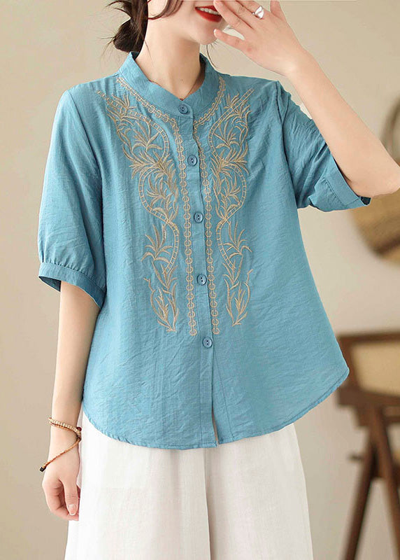 New Blue Stand Collar Button Embroideried Cotton Shirt Summer