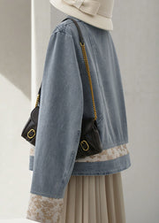 New Blue Stand Collar Button Patchwork Denim Coats Long Sleeve