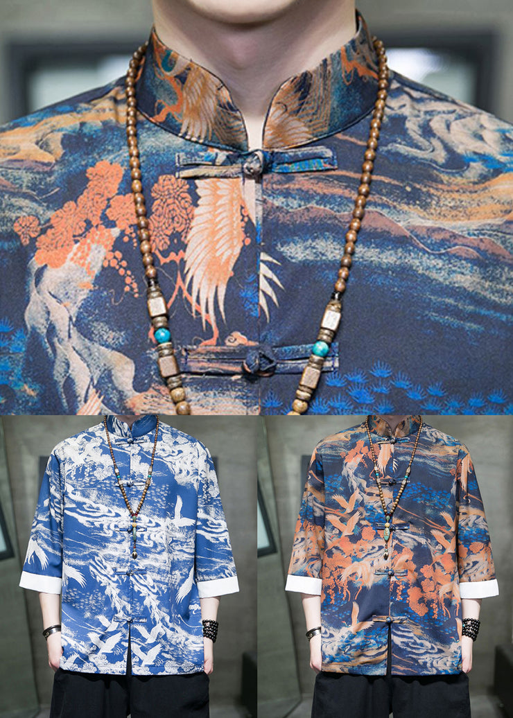 New Blue Stand Collar Print Ice Silk Men&