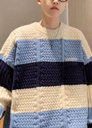 New Blue Striped Cozy Patchwork Knit Men Sweater Fall