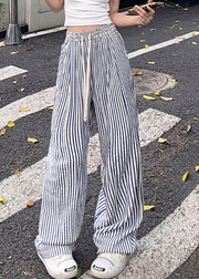 New Blue Striped Pockets Elastic Waist Cotton Pants Summer