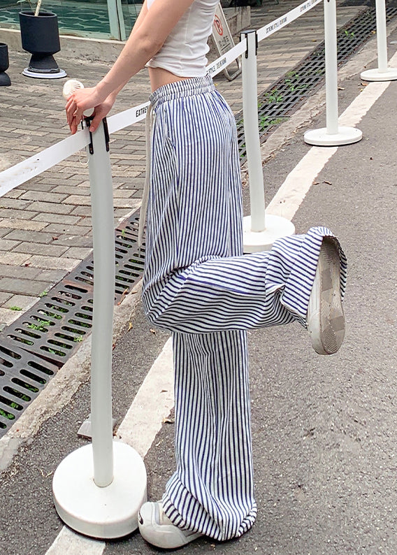 New Blue Striped Pockets Elastic Waist Cotton Pants Summer