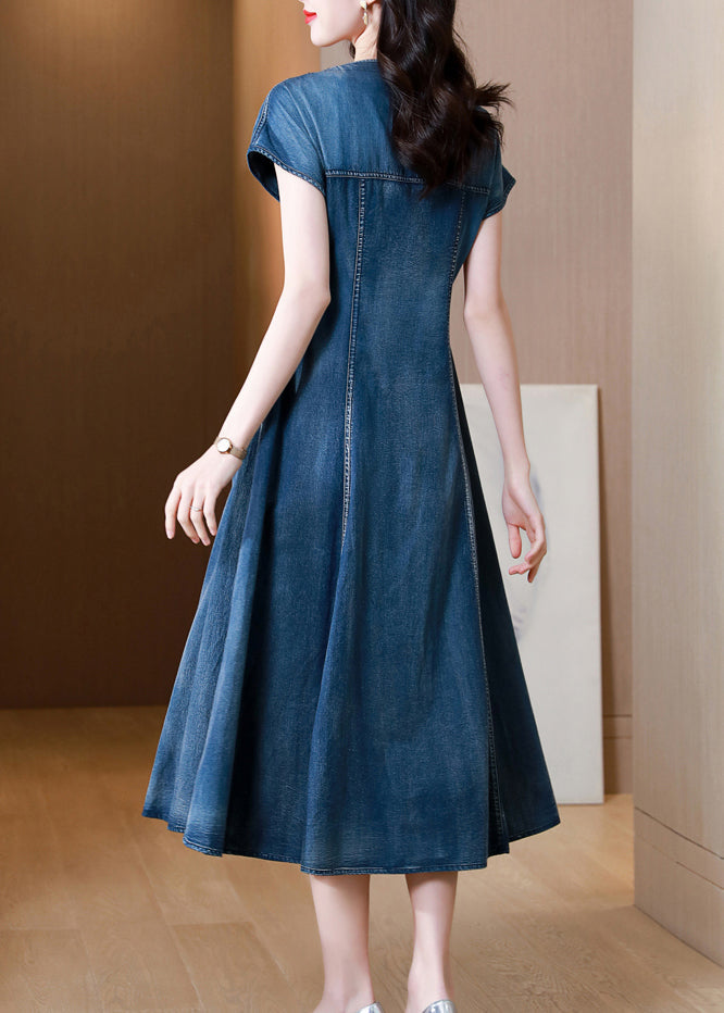 New Blue V Neck Embroidered Patchwork Denim Dress Summer