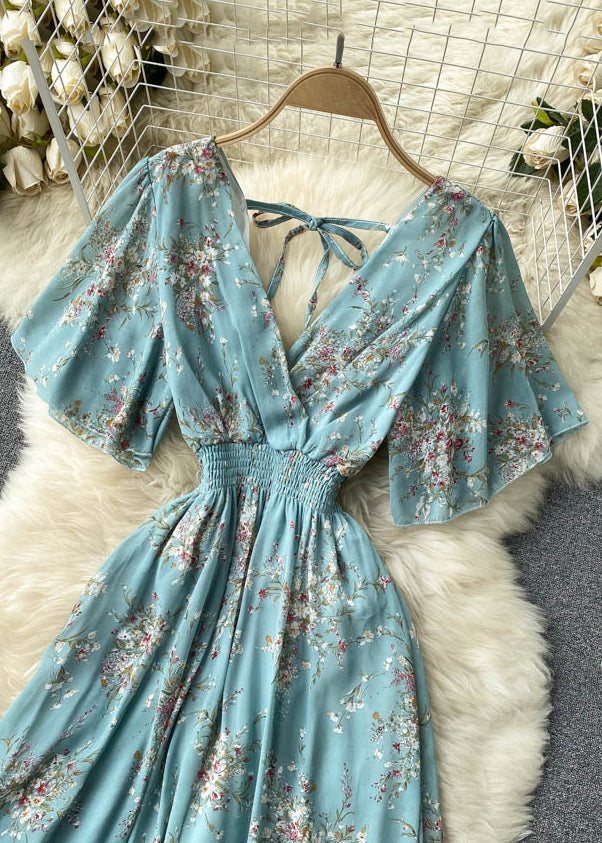 New Blue V Neck Lace Up Print Chiffon Vacation Dresses Summer