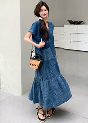 New Blue V Neck Pockets Denim Long Dress Summer