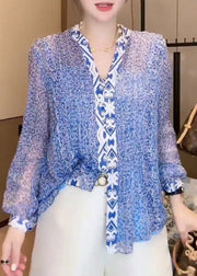 New Blue V Neck Print Chiffon Blouse Long Sleeve