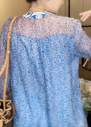 New Blue V Neck Print Chiffon Blouse Long Sleeve