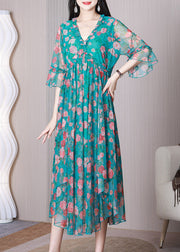 New Blue V Neck Wrinkled Print Chiffon Dress Flare Sleeve