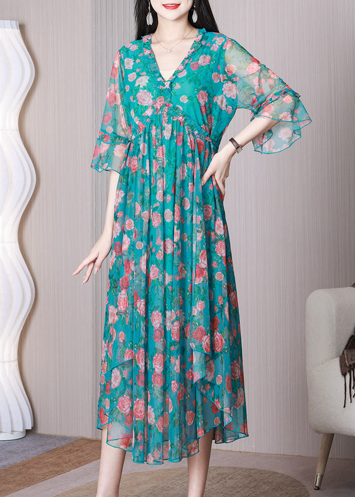 New Blue V Neck Wrinkled Print Chiffon Dress Flare Sleeve