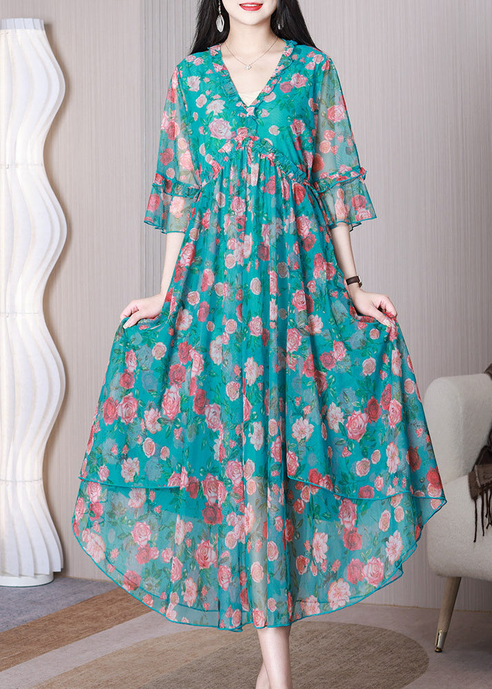 New Blue V Neck Wrinkled Print Chiffon Dress Flare Sleeve