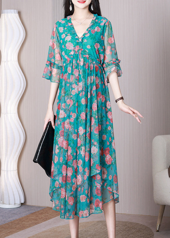 New Blue V Neck Wrinkled Print Chiffon Dress Flare Sleeve