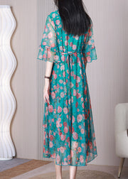 New Blue V Neck Wrinkled Print Chiffon Dress Flare Sleeve