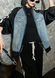 New Blue Zip Up Denim Patchwork Coats Long Sleeve