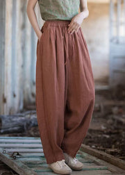 New Brick Red Pockets Drawstring Linen Pants Summer