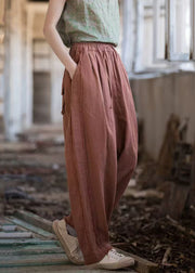 New Brick Red Pockets Drawstring Linen Pants Summer