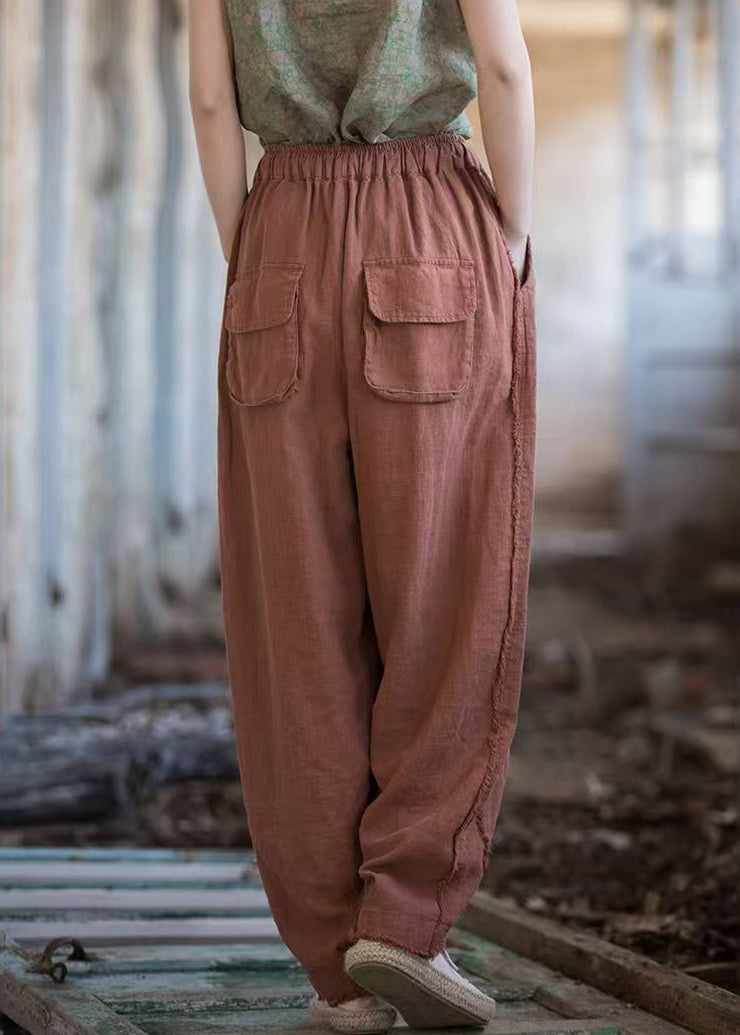 New Brick Red Pockets Drawstring Linen Pants Summer