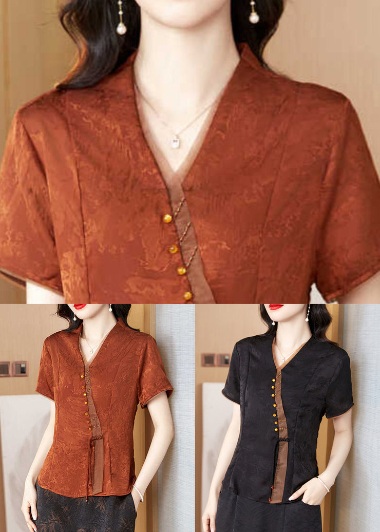 New Brick Red V Neck Print Silk Blouses Summer