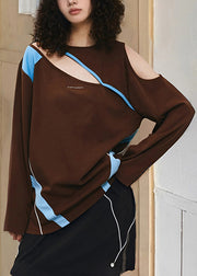 New Brown Cold Shoulder Asymmetrical Cotton T Shirt Fall