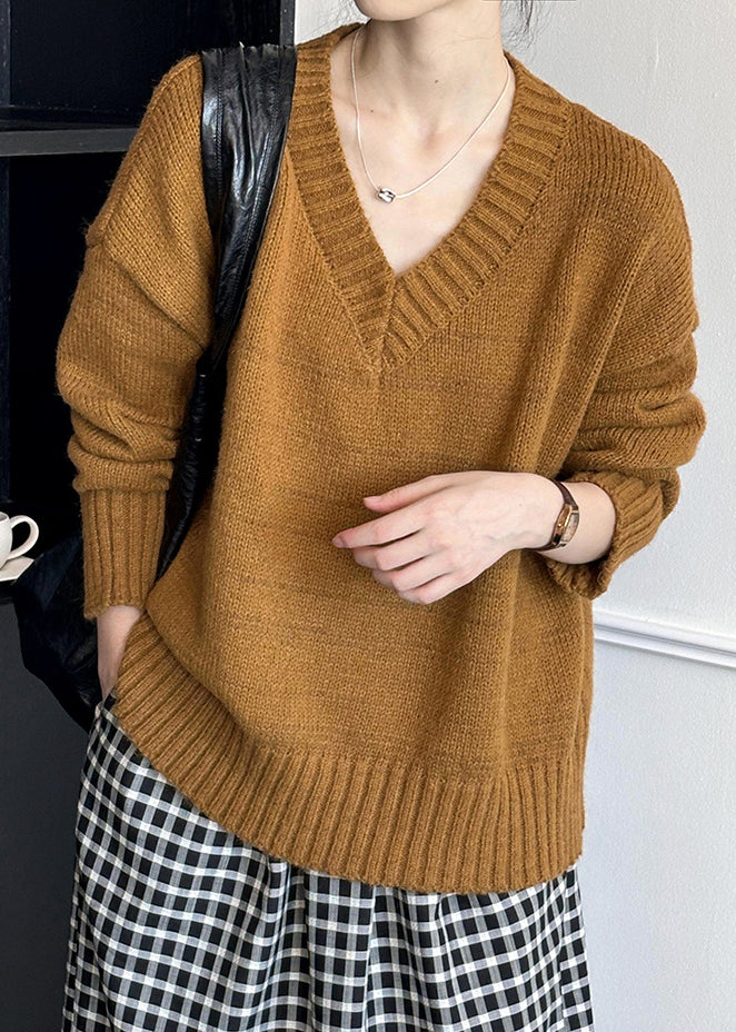 New Brown Hollow Out Cozy Cotton Knit Sweaters Long Sleeve