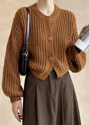 New Brown O Neck Hollow Out Cotton Knit Cardigan Fall