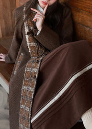 New Brown Peter Pan Collar Pockets Patchwork Woolen Coat Winter