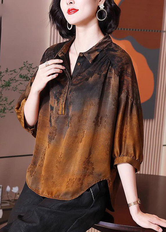 New Brown Peter Pan CollarButton Silk Blouse Half Sleeve