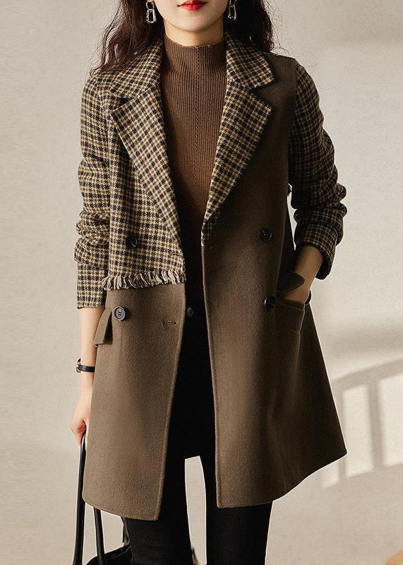 New Brown Plaid Pockets Patchwork Woolen Coat Long Sleeve