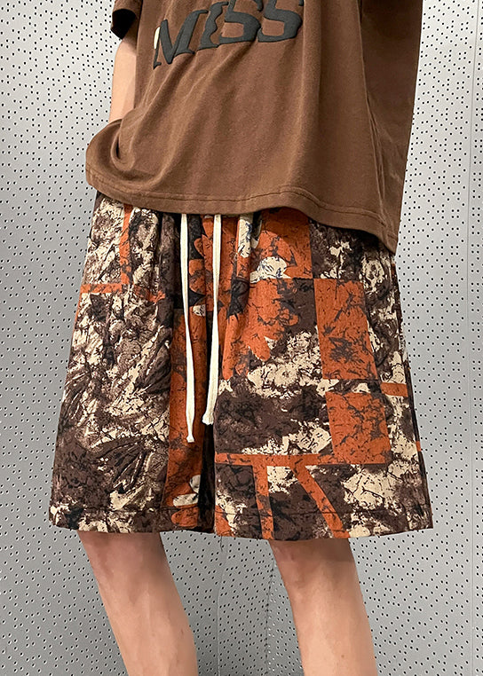 New Brown Pockets Elastic Waist Cotton Mens Shorts Summer