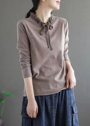 New Brown Ruffled Lace Up Patchwork Cotton Shirts Fall