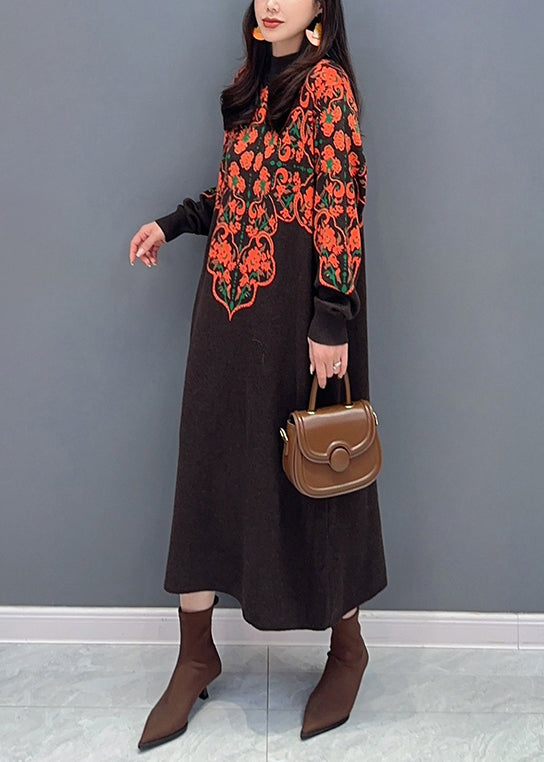 New Brown Turtleneck Print Patchwork Knit Long Dress Fall