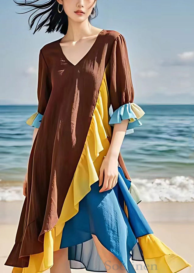 New Brown V Neck Chiffon Patchwork Dress Flare Sleeve