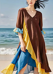 New Brown V Neck Chiffon Patchwork Dress Flare Sleeve