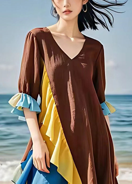 New Brown V Neck Chiffon Patchwork Dress Flare Sleeve