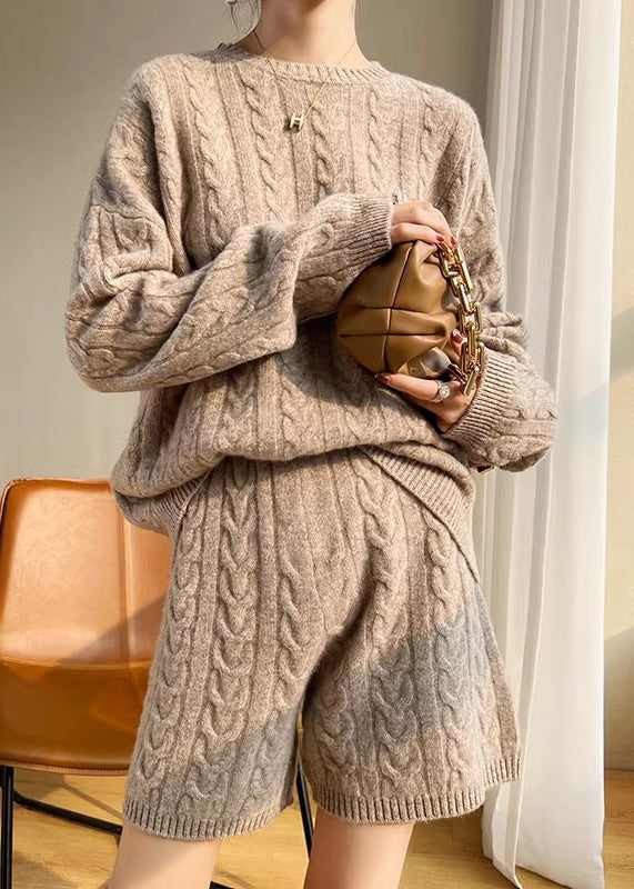 New Camel O Neck Solid Cozy Wool Knit Two Pieces Set Winter