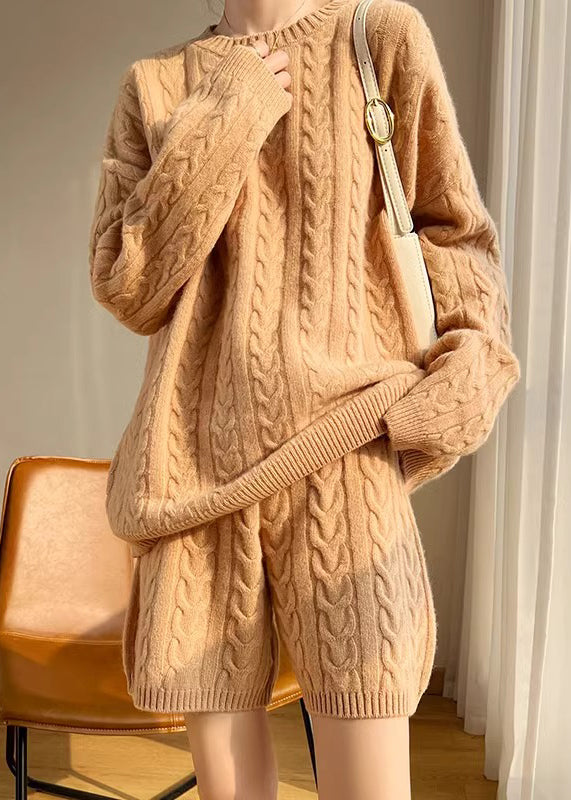 New Camel O Neck Solid Cozy Wool Knit Two Pieces Set Winter