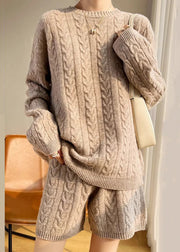 New Camel O Neck Solid Cozy Wool Knit Two Pieces Set Winter