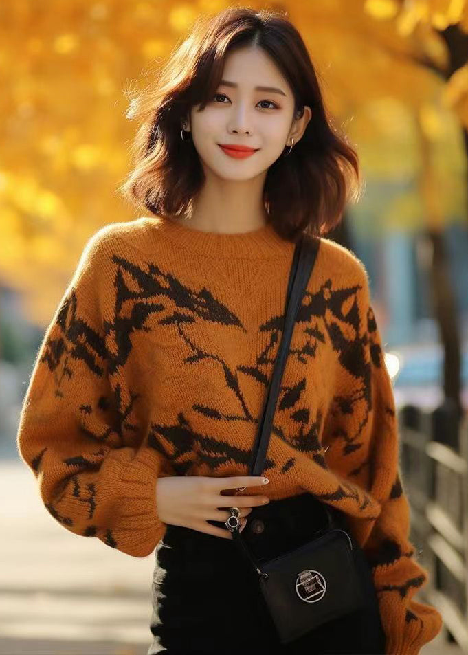 New Caramel O Neck Print Cotton Knit Sweaters Long Sleeve