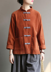 New Caramel Stand Collar Button Pockets Corduroy Coats Fall